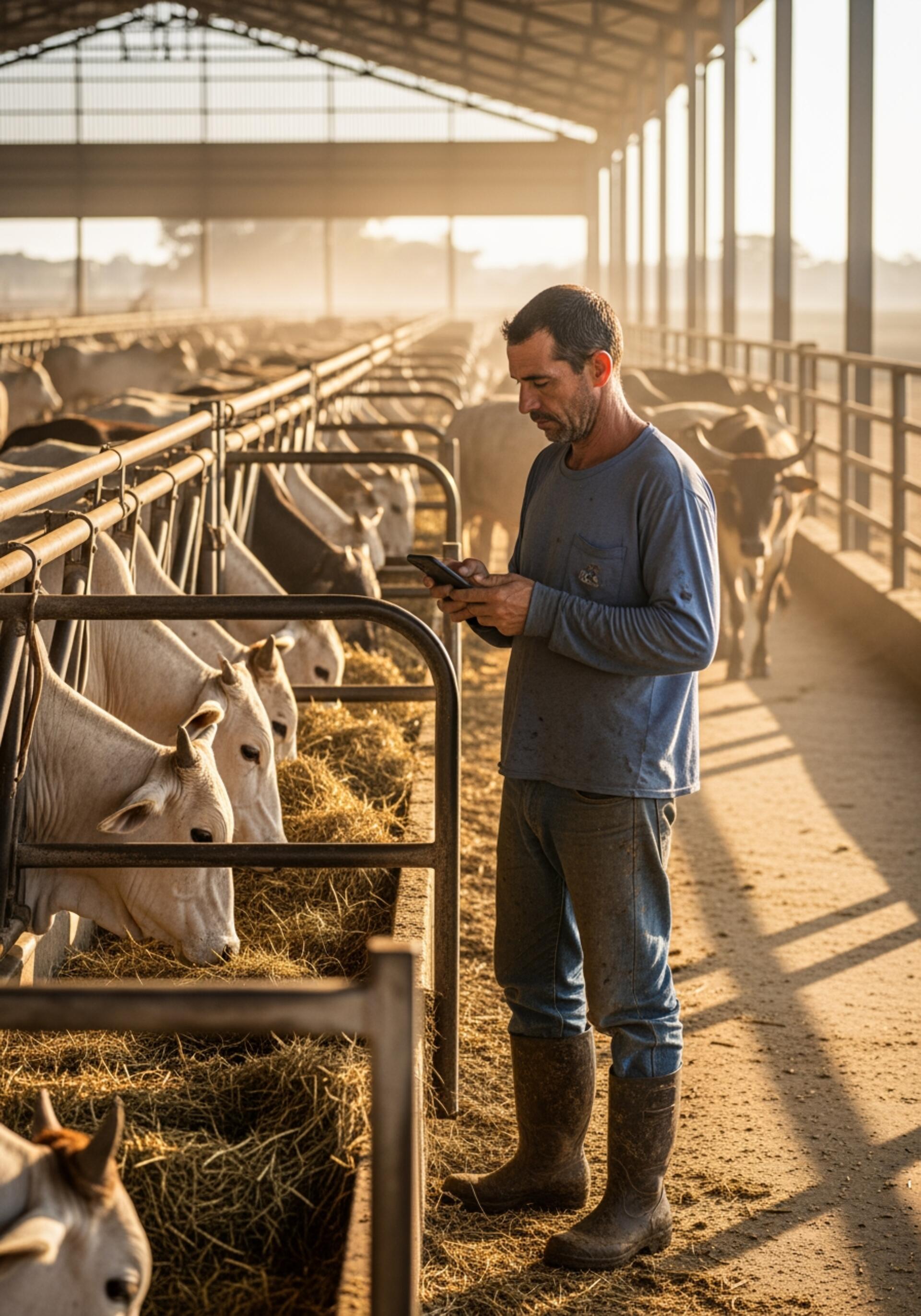 Funcionário registrando escore de cocho no celular, em baia de confinamento brasileiro